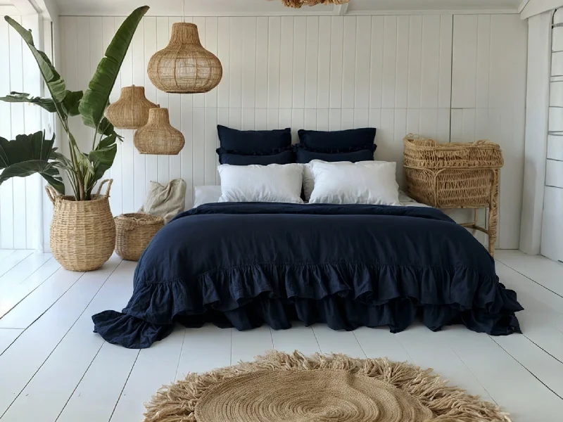 Navy linen triple ruffled duvet cover