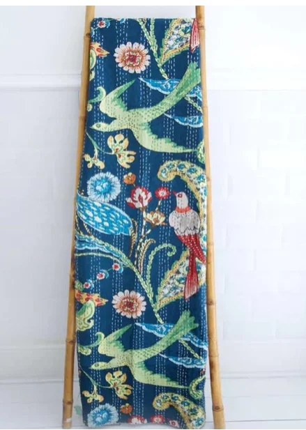 Throw - Blue Floral Exotic Bird Kantha Throw