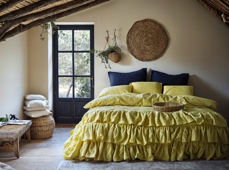 Chartreuse yellow linen triple ruffled duvet cover