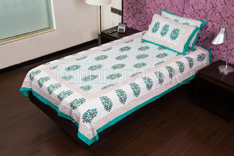 White Base Bluish Green Floral Print Cotton Single Bed Sheet