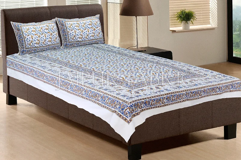 White Base With Blue color Cattle Block print Single Cotton bed Sheet