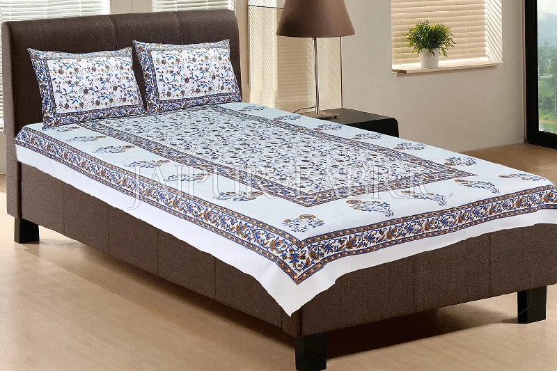 White Base With Blue color Floral Block print Single Cotton bed Sheet