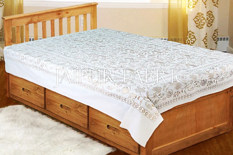 White Base With Gloden Floral hand Block Print Single Cotton Bed Sheet