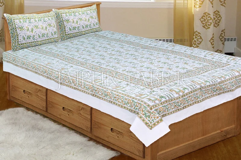 White Base With Green Elephant Brown Mango pattern Print Single Cotton Bed sheet