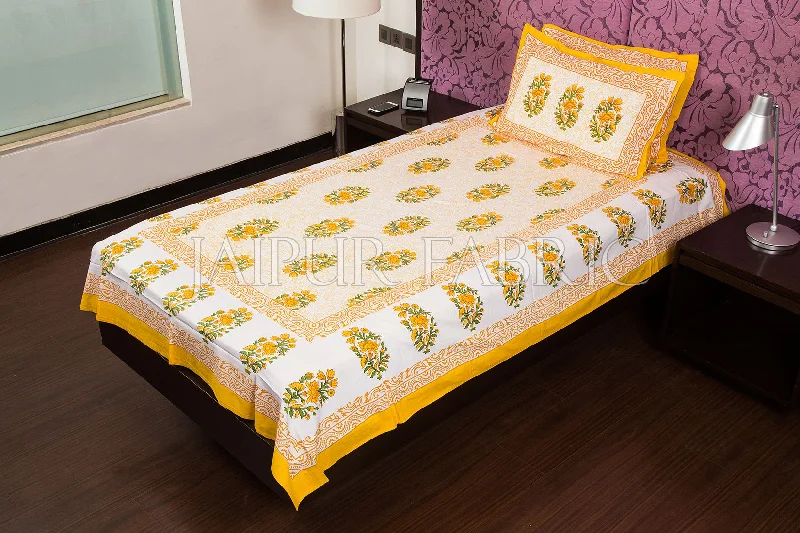 White Base  Yellow Print Cotton Single Bed Sheet