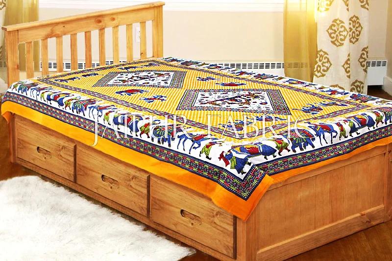 Yellow Base Jaipur doli design with elephant Print Single Bedsheet