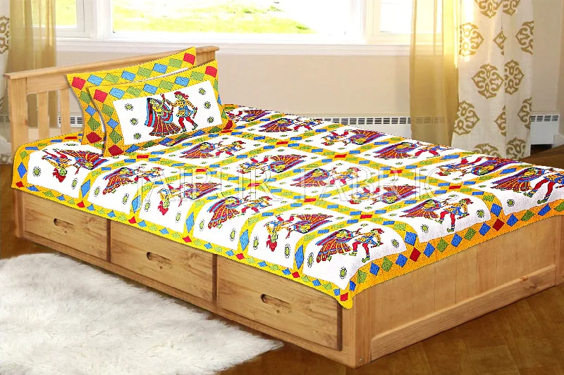 Yellow Base Jaipuri Folk Dance Cotton Single Bed Sheet