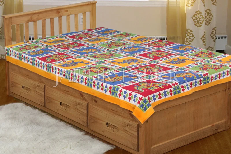 Yellow Border Rajasthani Camel and Elephant block print Single Bed sheets