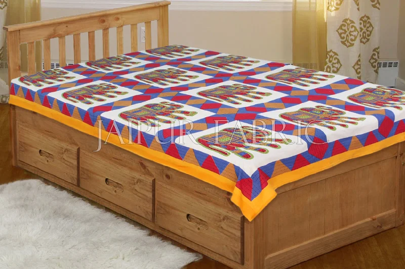 Yellow Border With Red and Blue Elephant Print Single Bedsheet